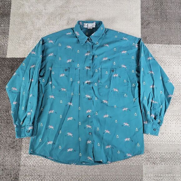 Vintage Gap Clothing Co Equestrian AOP Horse Button Up Shirt Womens Size M Green - Picture 1 of 6